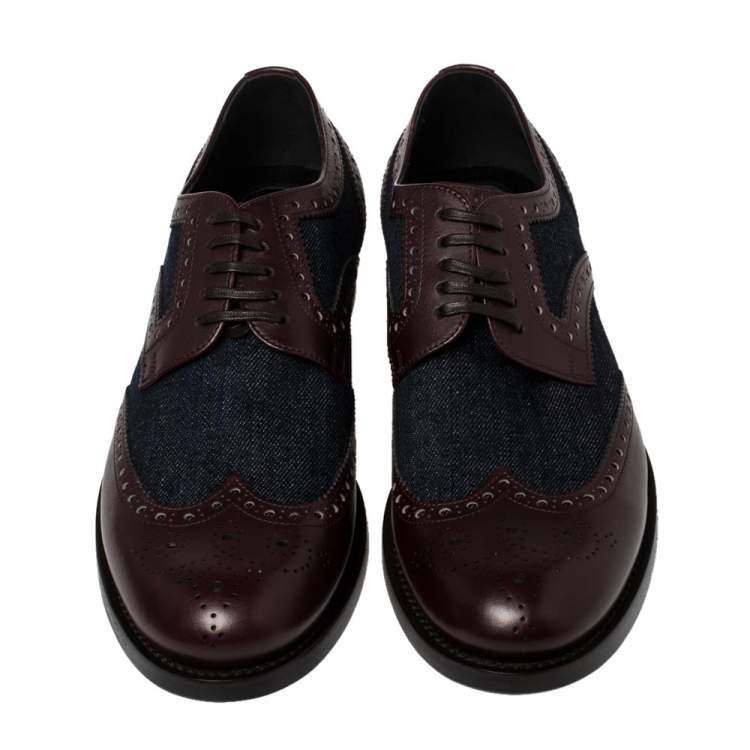 Pre Owned Dolce & Gabbana Blue/Burgundy Denim And Leather Wingtip Lace Up Oxfords Size 41