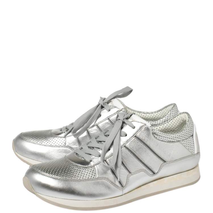 Pre Owned Dolce & Gabbana Metallic Silver Perforated Leather Lace Up Low Top Sneakers Size 43.5