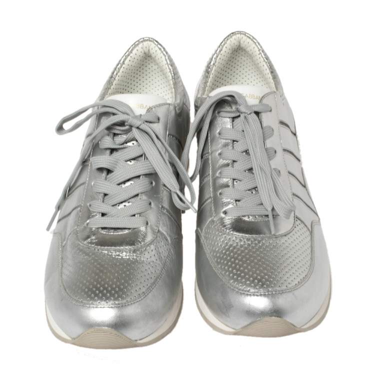 Pre Owned Dolce & Gabbana Metallic Silver Perforated Leather Lace Up Low Top Sneakers Size 43.5