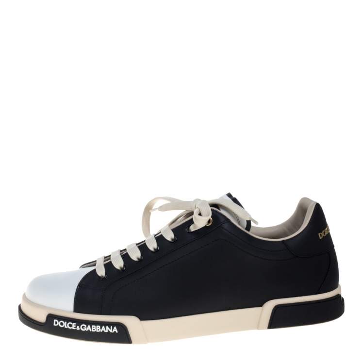 مملوكة مسبقًا Dolce & Gabbana Black And White Leather Portofino Sneakers Size EU 45