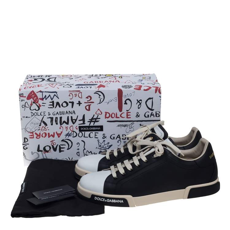 مملوكة مسبقًا Dolce & Gabbana Black And White Leather Portofino Sneakers Size EU 45