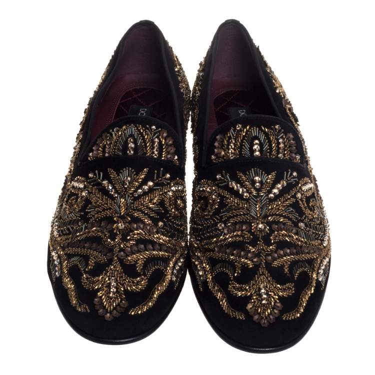 Pre Owned Dolce & Gabbana Black Suede Embellished Smoking Slippers Size 44