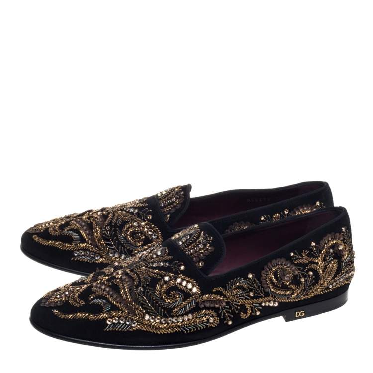 Pre Owned Dolce & Gabbana Black Suede Embellished Smoking Slippers Size 44
