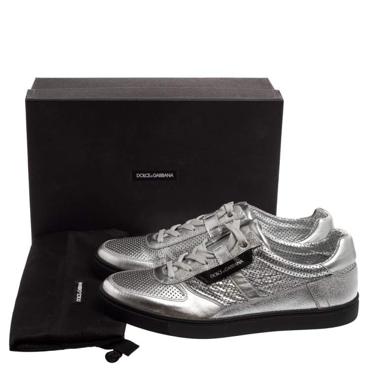 Pre Owned Dolce and Gabbana Metallic Silver Perforated Leather Sneakers Size 43