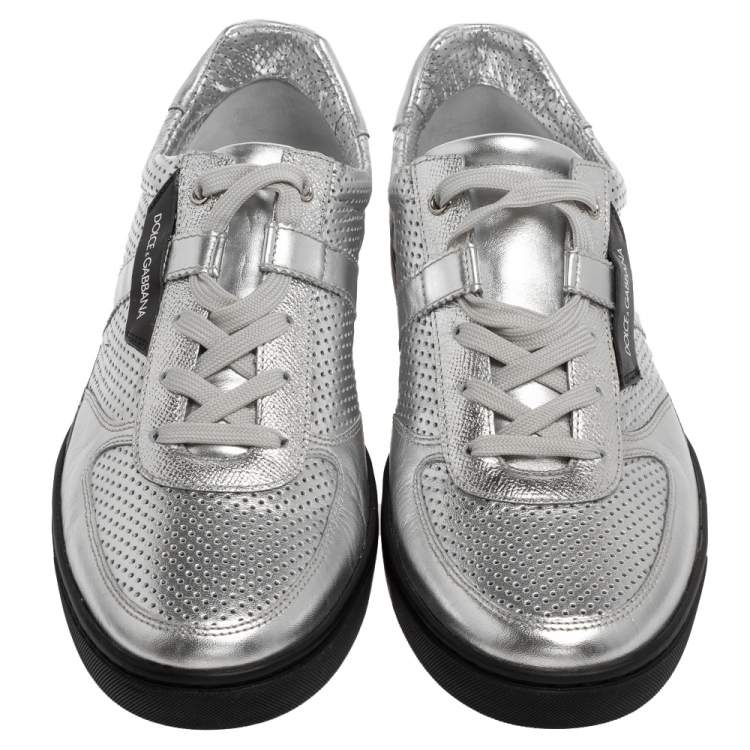 Pre Owned Dolce and Gabbana Metallic Silver Perforated Leather Sneakers Size 43
