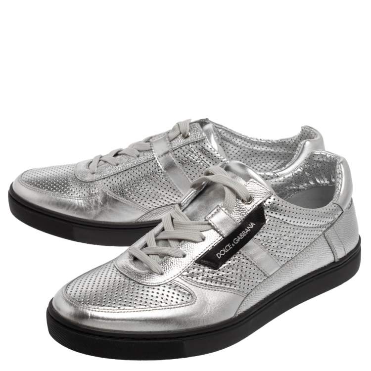 Pre Owned Dolce and Gabbana Metallic Silver Perforated Leather Sneakers Size 43