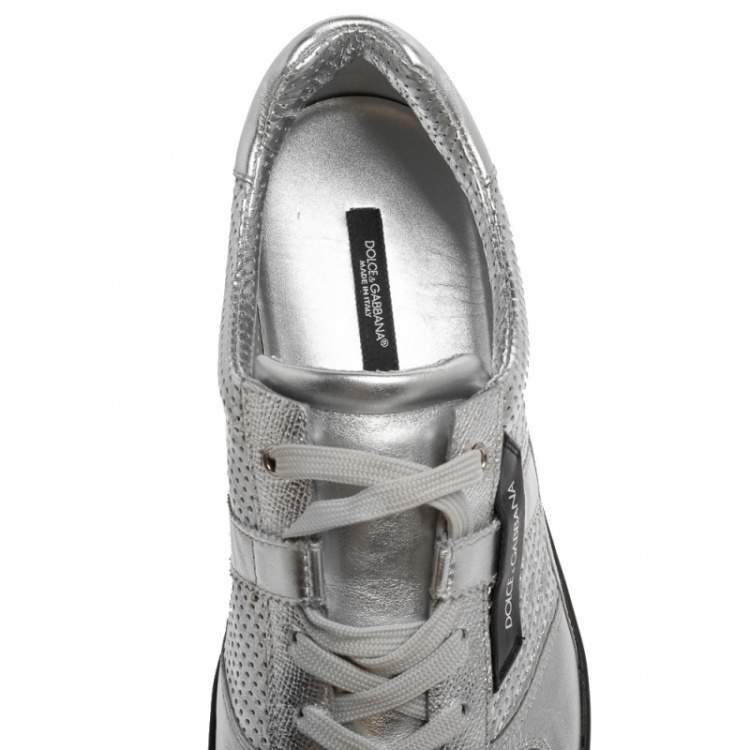 Pre Owned Dolce and Gabbana Metallic Silver Perforated Leather Sneakers Size 43