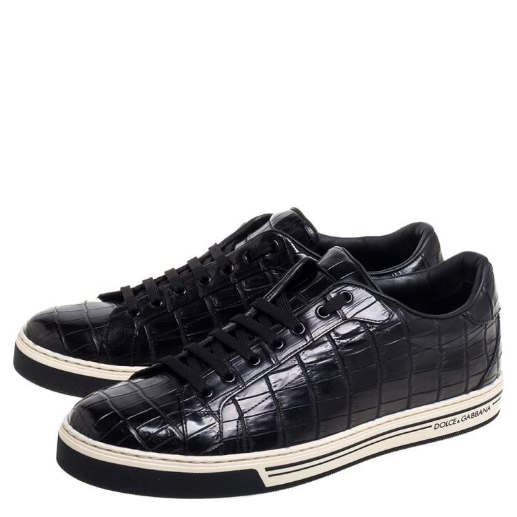 Pre Owned Dolce & Gabbana Black Croc Embossed Leather Sneakers Size 45