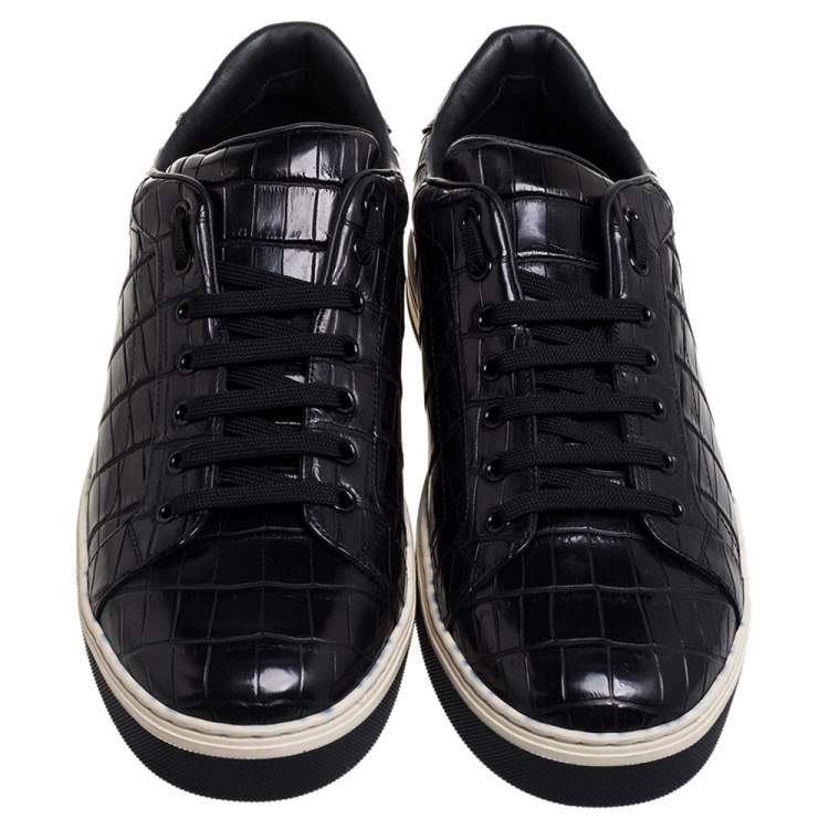 Pre Owned Dolce & Gabbana Black Croc Embossed Leather Sneakers Size 45