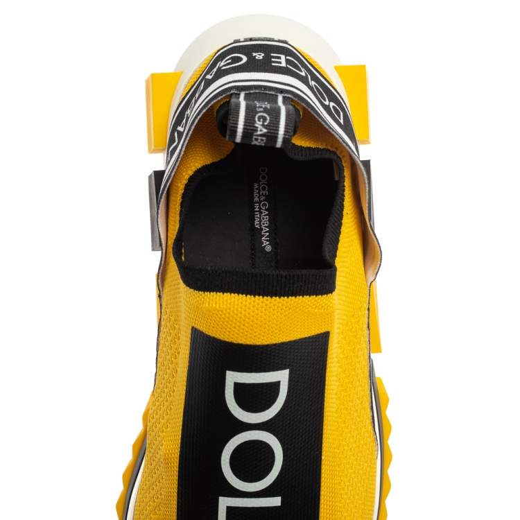 Pre Owned Dolce & Gabbana Yellow/Black Stretch Fabric Jersey Logotape Print Slip On Sneakers Size 42