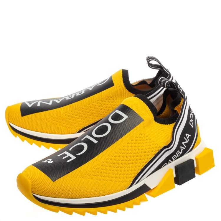 Pre Owned Dolce & Gabbana Yellow/Black Stretch Fabric Jersey Logotape Print Slip On Sneakers Size 42
