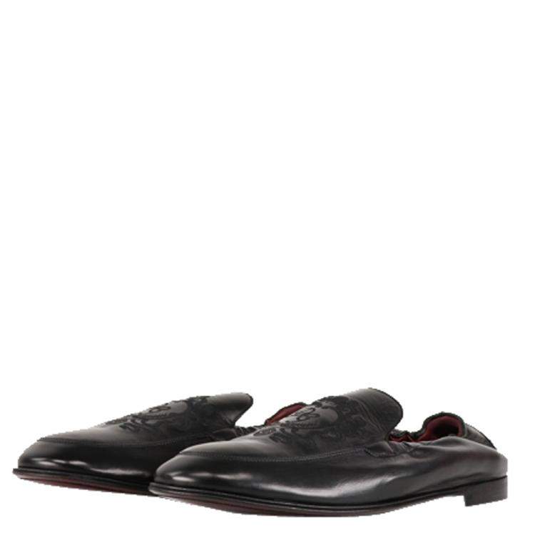 Pre Owned Dolce & Gabbana Black Calfskin Leather DG coat of arms embroidery Loafers Size 43.5