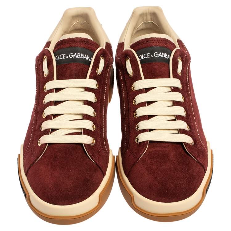 Pre Owned Dolce & Gabbana Bordeaux Suede Portofino Low Top Sneakers Size 41
