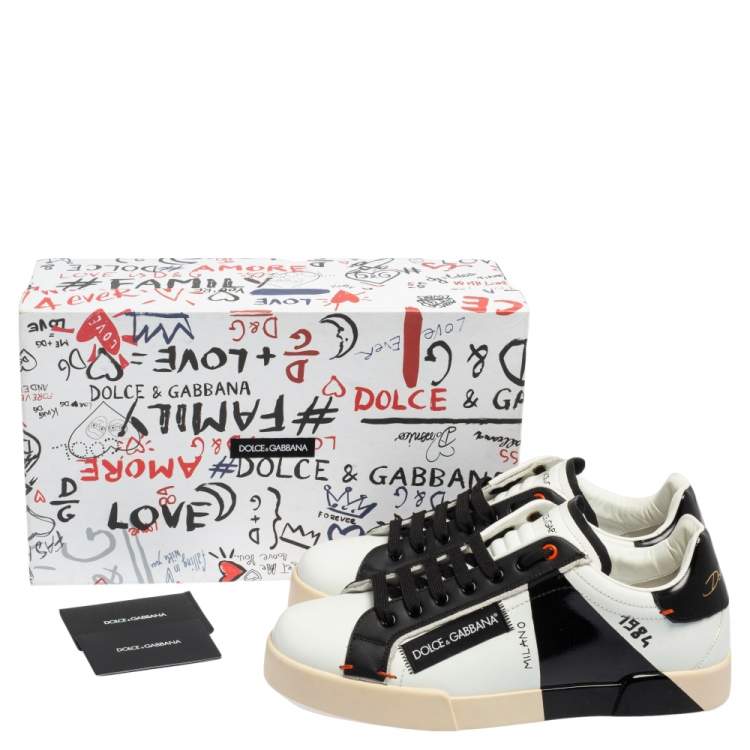 Pre Owned Dolce & Gabbana Black/White Leather Portofino 1984 Low Top Sneakers Size 42