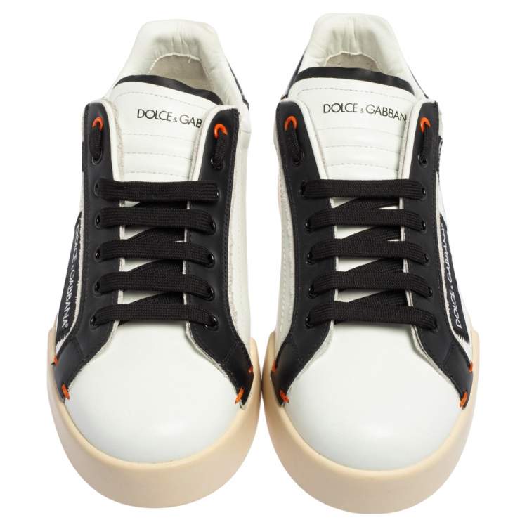 Pre Owned Dolce & Gabbana Black/White Leather Portofino 1984 Low Top Sneakers Size 42