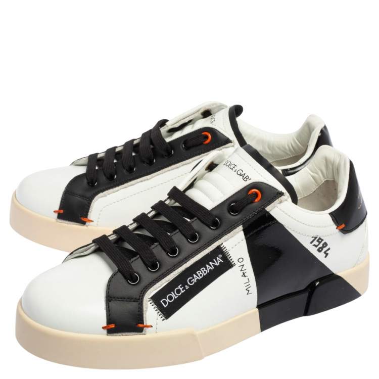 Pre Owned Dolce & Gabbana Black/White Leather Portofino 1984 Low Top Sneakers Size 42