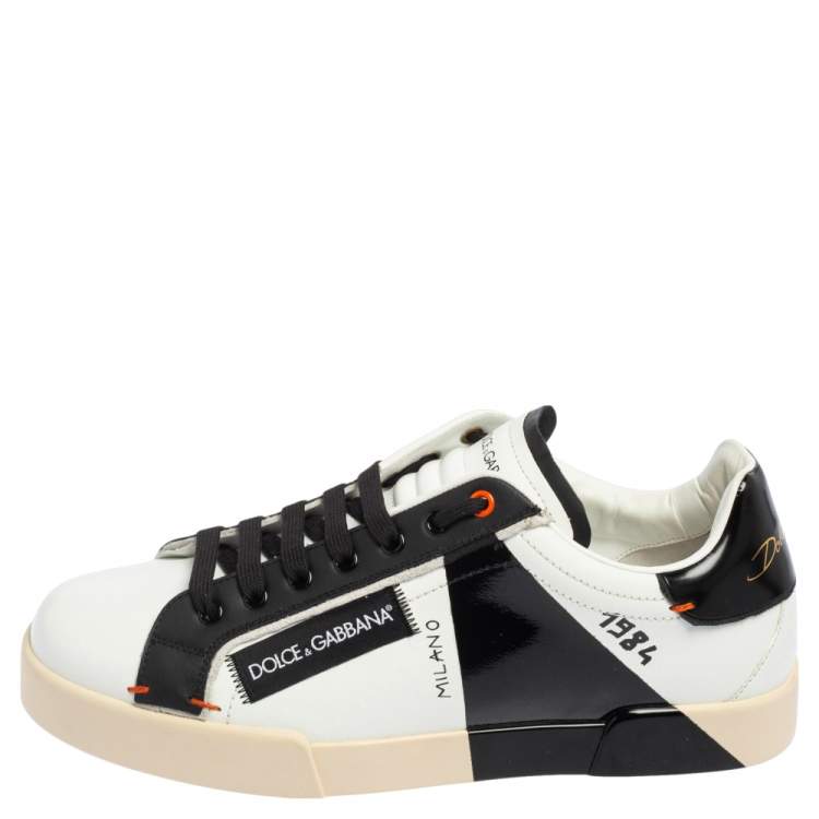 Pre Owned Dolce & Gabbana Black/White Leather Portofino 1984 Low Top Sneakers Size 42