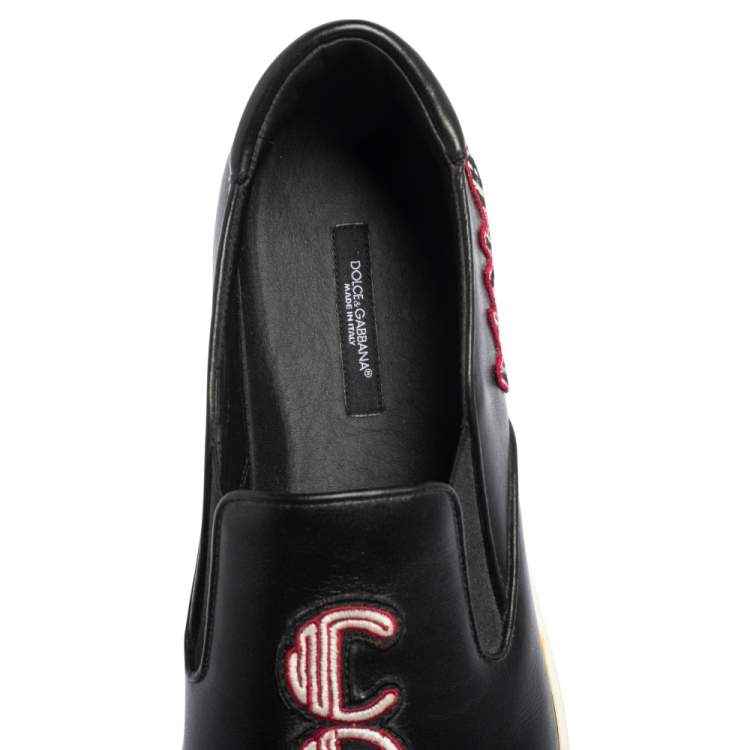 Pre Owned Dolce & Gabbana Black Patch Embellished Leather Slip On Sneakers Size 44