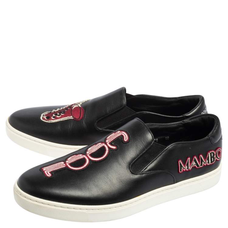 Pre Owned Dolce & Gabbana Black Patch Embellished Leather Slip On Sneakers Size 44