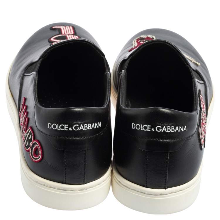 Pre Owned Dolce & Gabbana Black Patch Embellished Leather Slip On Sneakers Size 44