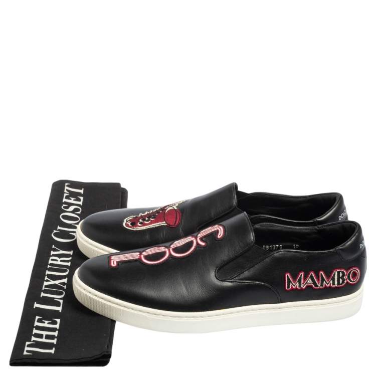 Pre Owned Dolce & Gabbana Black Patch Embellished Leather Slip On Sneakers Size 44