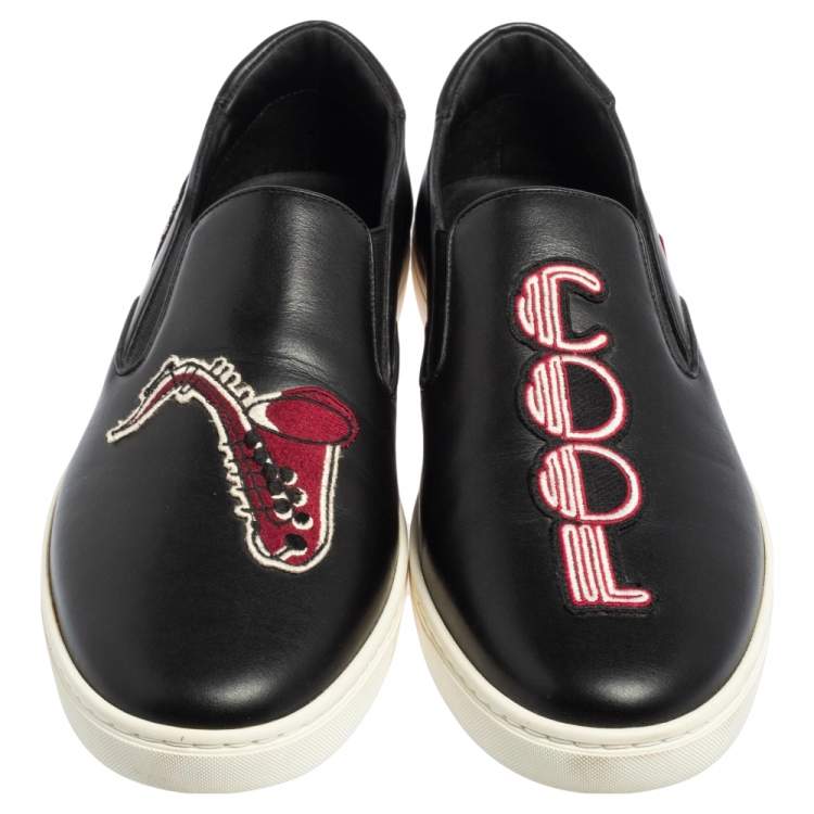 Pre Owned Dolce & Gabbana Black Patch Embellished Leather Slip On Sneakers Size 44