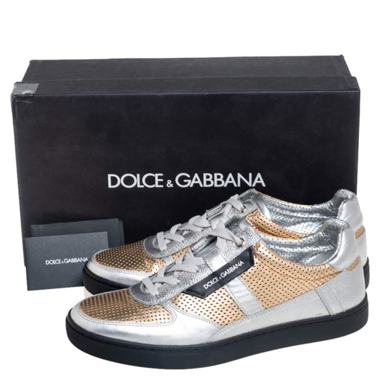 Pre Owned Dolce & Gabbana Gold/Silver Perforated Leather Low Top Sneakers Size 41