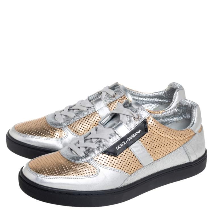 Pre Owned Dolce & Gabbana Gold/Silver Perforated Leather Low Top Sneakers Size 41