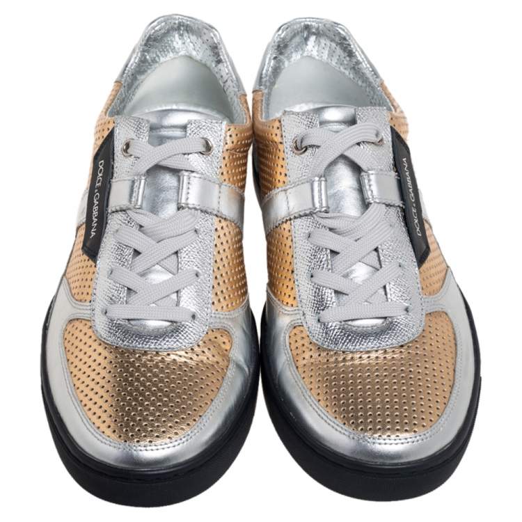 Pre Owned Dolce & Gabbana Gold/Silver Perforated Leather Low Top Sneakers Size 41