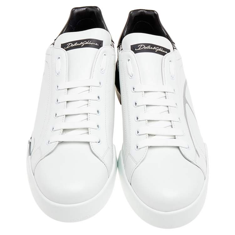 Pre Owned Dolce & Gabbana White/Black Leather Portofino Lace Up Sneakers Size 46