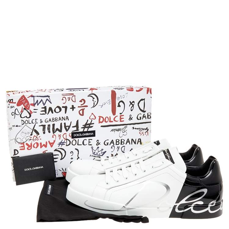 Pre Owned Dolce & Gabbana White/Black Leather Portofino Lace Up Sneakers Size 46