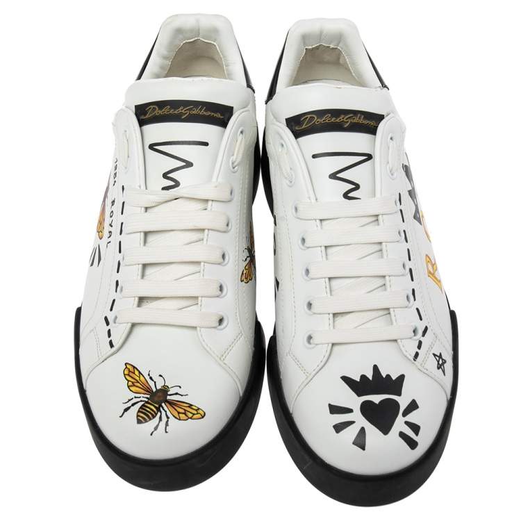 Pre Owned Dolce & Gabbana White/Black Leather Portofino Lace Up Sneakers Size 42