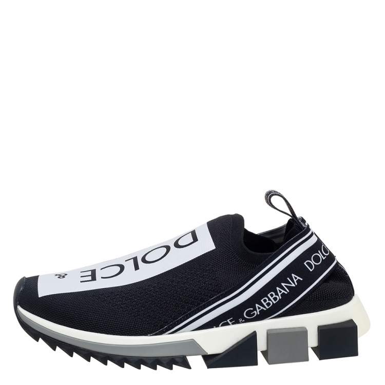 Pre Owned Dolce & Gabbana Black/White Knit Fabric Sorrento Slip On Sneakers Size 39.5