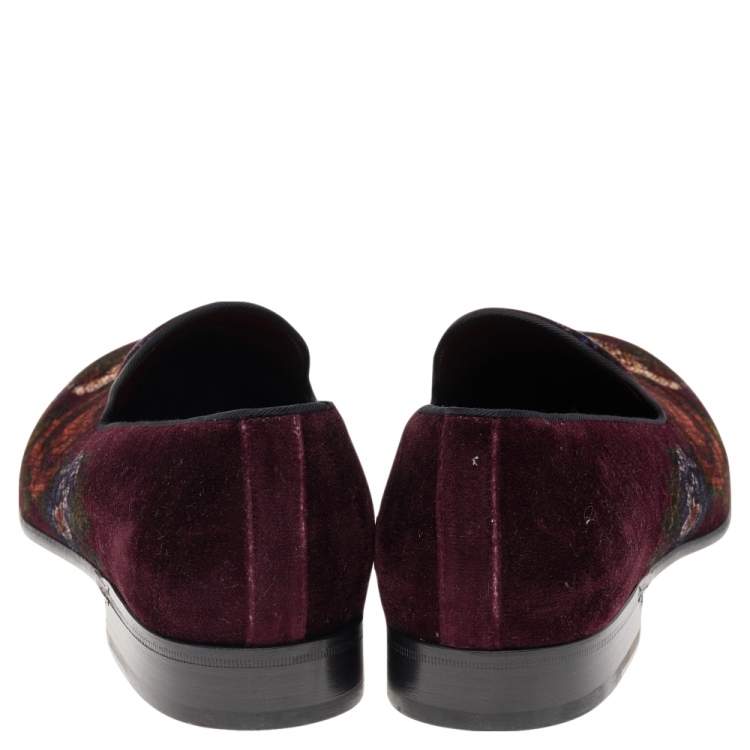 Pre Owned Dolce & Gabbana Burgundy Velvet Floral Slip On Loafers Size 41