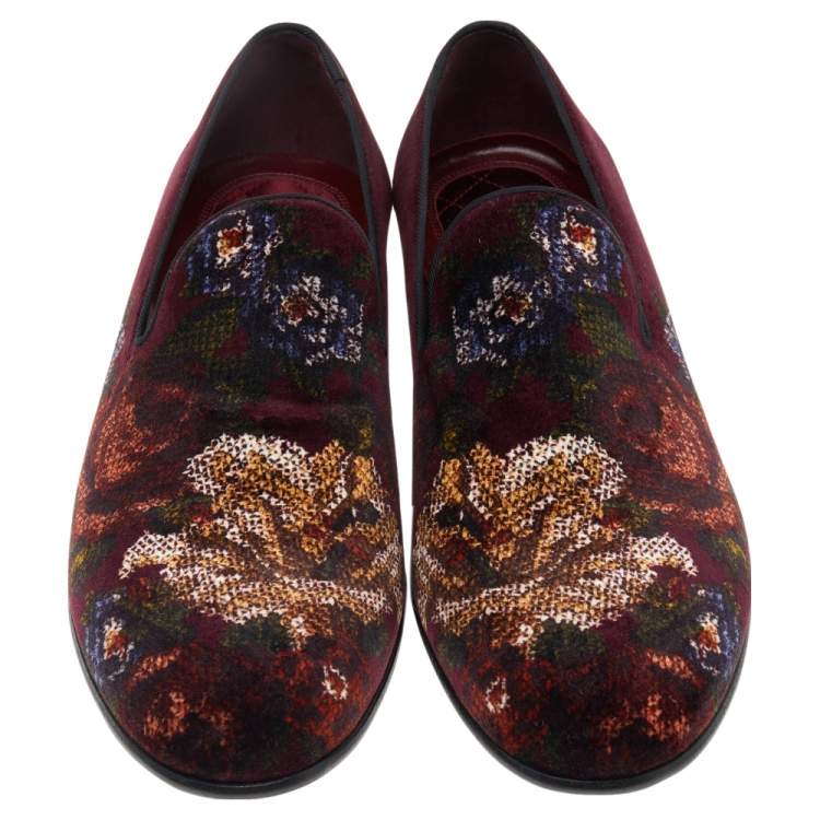Pre Owned Dolce & Gabbana Burgundy Velvet Floral Slip On Loafers Size 41