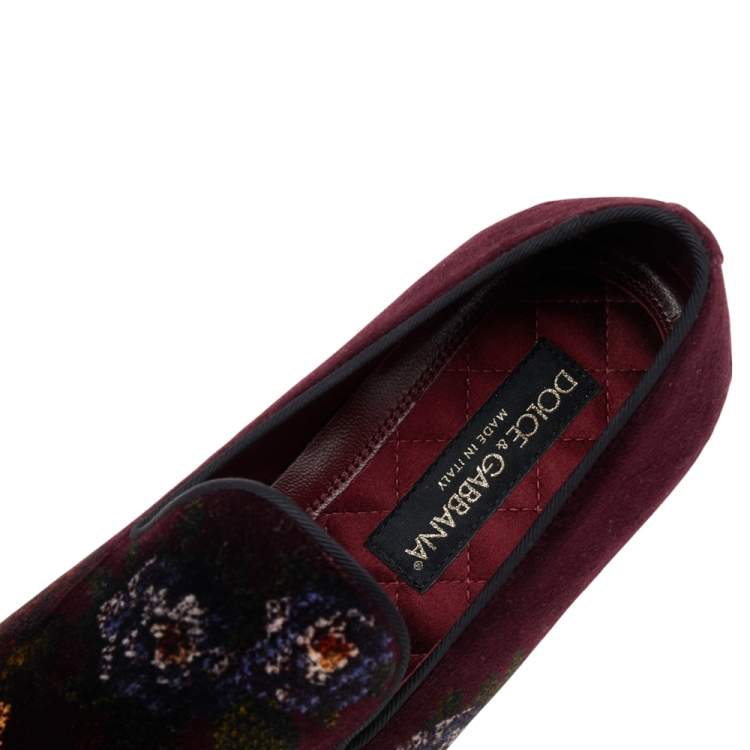 Pre Owned Dolce & Gabbana Burgundy Velvet Floral Slip On Loafers Size 41
