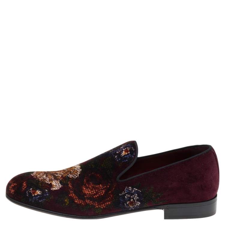 Pre Owned Dolce & Gabbana Burgundy Velvet Floral Slip On Loafers Size 41