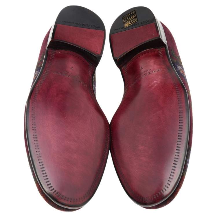 Pre Owned Dolce & Gabbana Burgundy Velvet Floral Slip On Loafers Size 41