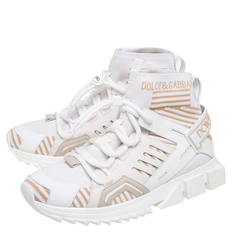 Pre Owned Dolce & Gabbana White/Beige Fabric Sorrento Logo Sneakers Size 42