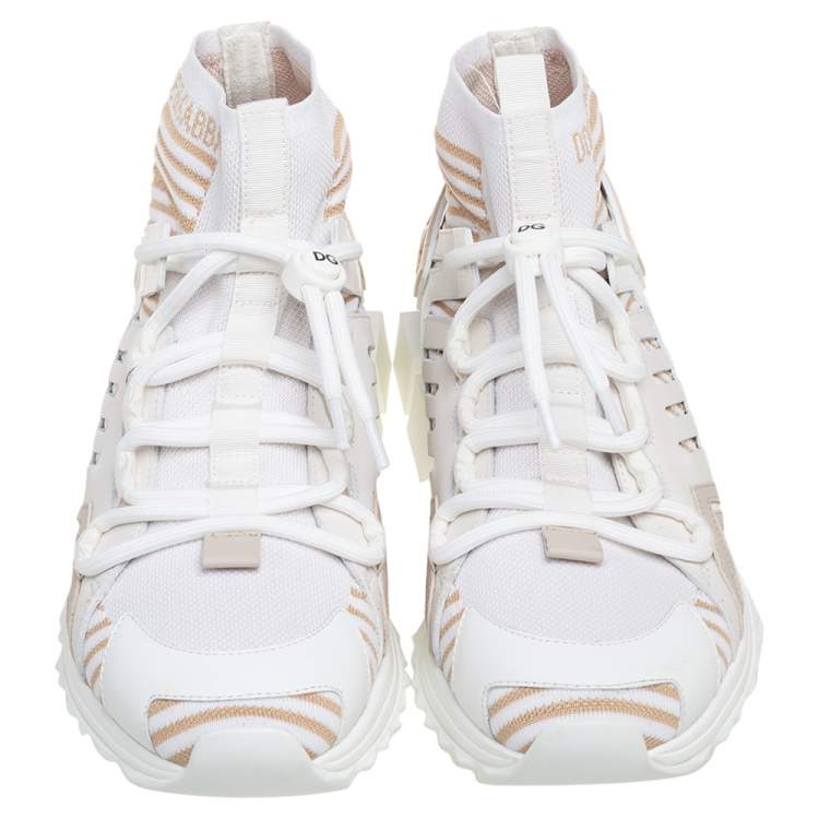 Pre Owned Dolce & Gabbana White/Beige Fabric Sorrento Logo Sneakers Size 42