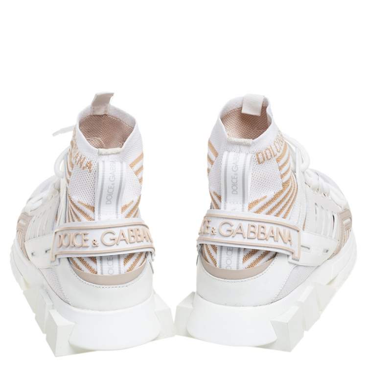 Pre Owned Dolce & Gabbana White/Beige Fabric Sorrento Logo Sneakers Size 42