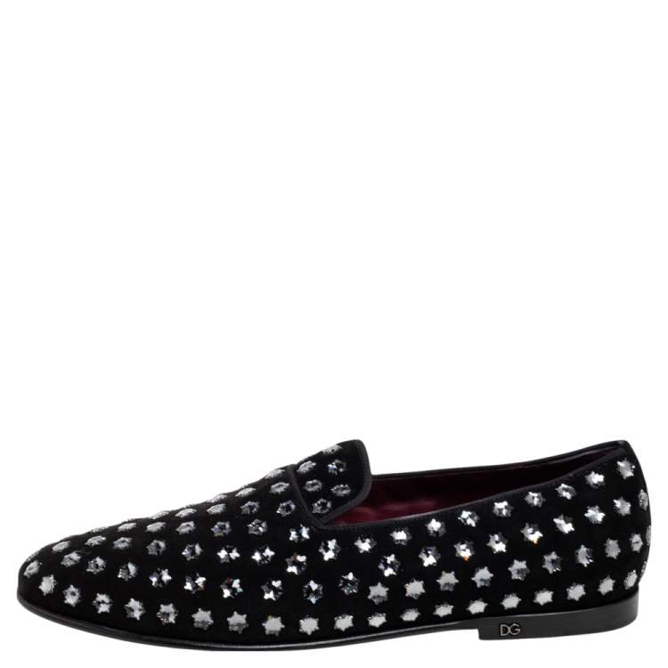 Pre Owned Dolce & Gabbana Black Suede Crystal Embellished  Slip On Loafers Size 42 