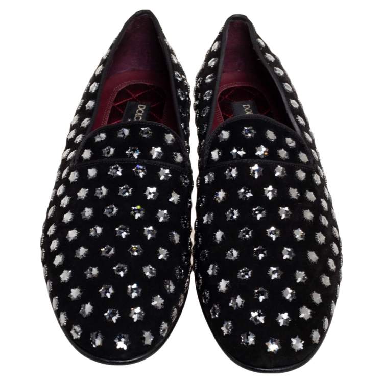 Pre Owned Dolce & Gabbana Black Suede Crystal Embellished  Slip On Loafers Size 42 