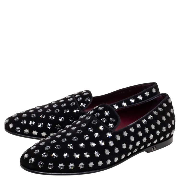 Pre Owned Dolce & Gabbana Black Suede Crystal Embellished  Slip On Loafers Size 42 
