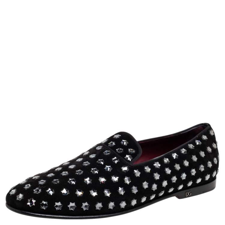 Pre Owned Dolce & Gabbana Black Suede Crystal Embellished  Slip On Loafers Size 42 