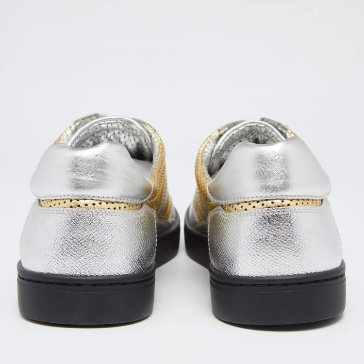 Pre Owned Dolce & Gabbana Gold/Silver Perforated Leather Low Top Sneakers Size 42