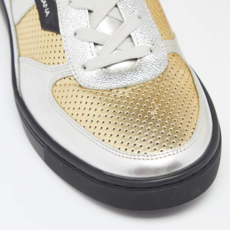 Pre Owned Dolce & Gabbana Gold/Silver Perforated Leather Low Top Sneakers Size 42