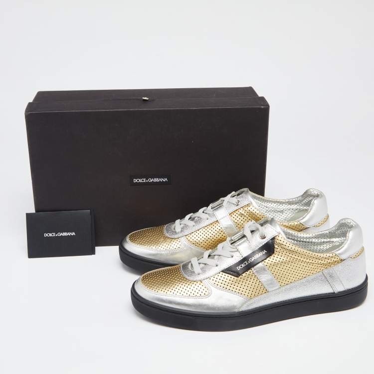 Pre Owned Dolce & Gabbana Gold/Silver Perforated Leather Low Top Sneakers Size 42