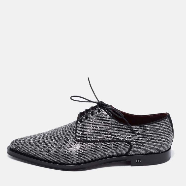 Pre Owned Dolce & Gabbana Metallic Black/Silver Glitter And Lurex Fabric Millennials Lace Up Derby Size 44.5
