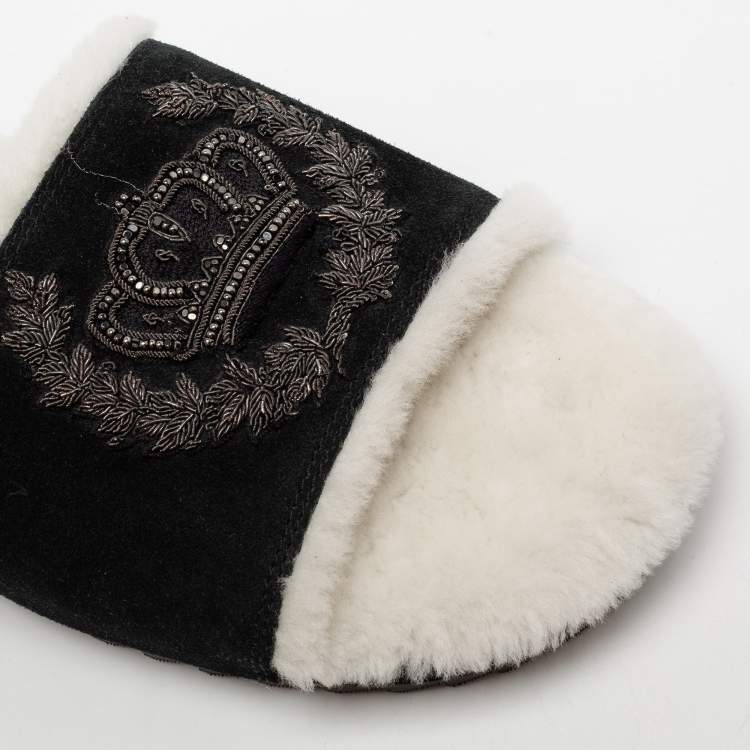 Pre Owned Dolce & Gabbana White/Black Fur and Suede Crown Crystal Embellished Flat Slides Size 41.5